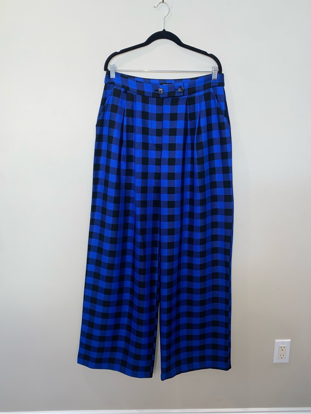 Nasty Gal Blue & Black Checkered Plaid High-Waist Wide-Leg Trousers